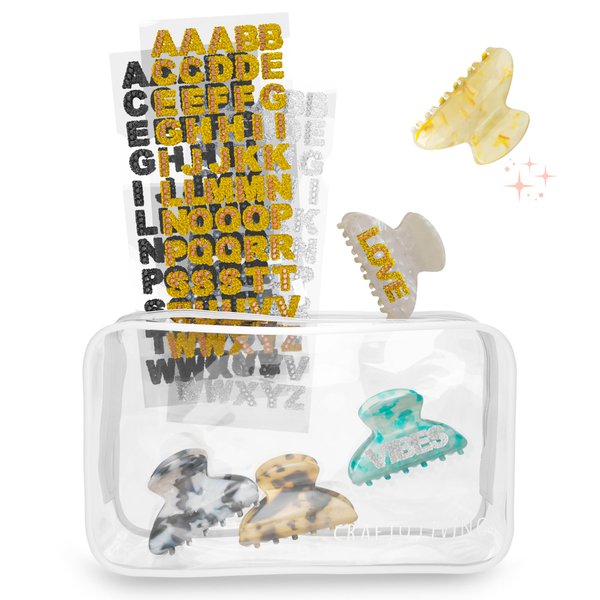 Crafty Living Glam Kit Hair Clips for Girls/Women with Letter Stickers – Customizable Hair Accessories for Women Claw Clip with Glitter Stickers, Rhinestones – Hair Styling Clips Include Clear Pouch