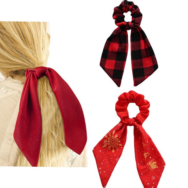 Red Hair Scarf with Ribbon Bow for Women Girls, Bow Christmas Scrunchies for Hair, Retro Tie-dye Hair Ties with Bow, Plaid Elk Oil Painting Hair Ribbon Short Hair Bands Ties Ponytail Holder (Red)