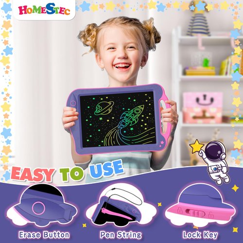 HOMESTEC Astrodraw Drawing Pad Toys, Colorful LCD Writing Tablet for Kids, Doodle Board for Toddlers 3 4 5 6 Years Old, Travel Sensory Space Toy for Boys Girls, Birthday Gift Idea (Purple/Pink)