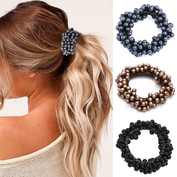 CAKURE Pearl Hair Ties Brown Elastic Hair Bands Rope Stretchy Pearls Ponytail Holder Hair Accessories for Women and Girls (Pack of 3)