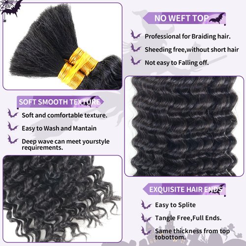 Deep Wave Bulk Human Braiding hair For Boho Braids knotless Micro Curly Wet And Wavy Bundles No Weft 12A Brazilian Remy Human Hair Extensions For Black Women (Deep Bulk - #1B, 20Inch/100G)