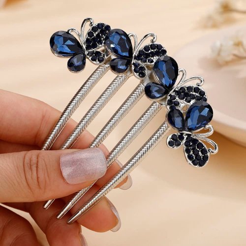 Missgrace Boho Party Blue Bride Wedding Prom Sparkling Butterfly Side Hair Comb Crystal Rhinestones Flower Hair Comb Clips Bridal Hair Accessories Hair Piece for Women (Blue)