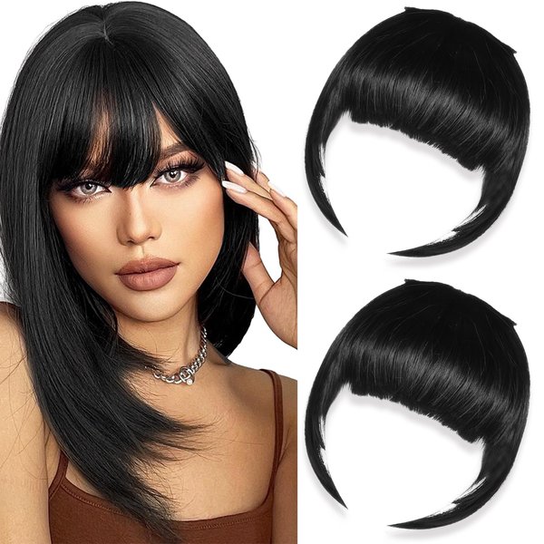 Tyqour 2pcs Wispy Curtain Bangs Hair Clip, Bangs Clip, Bangs Hair Clip In Bangs Real Human Hair, Black Hair Extensions Clip In, Clip On Bangs for Women Daily Wear(Black)