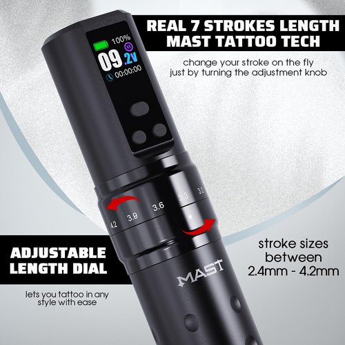Mast Tattoo Fold2 Pro Wireless Tattoo Gun Rotary Pen Machine, Powerful Motor by Mcore, Smart Display, 7 Strokes Length for Pro Artists (Black)