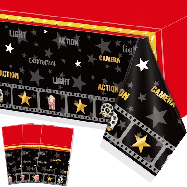 3 Pieces Movie Night Tablecloth Plastic Movie Theme Table Covers Movie Theater Table Cloth for Movie Night Party Supplies Movie Theme Red Carpet Birthday Party Decor, 51 x 87 Inch