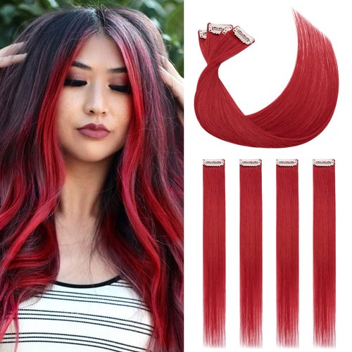 Benehair Red Hair Extensions Clip in Human Hair 16 Inch Colored Hair Extensions Clip ins, Straight Hairpieces Cosplay Party Christmas Halloween Hair Accessories for Girls Women Kids 4 Pieces 16g