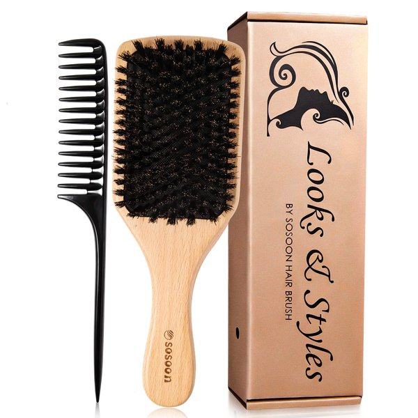 Sosoon Hair Brush, 100% Pure Boar Bristle Paddle Brush for All Hair Types, Restore Shine & Texture and Makes Hair Smooth & Health
