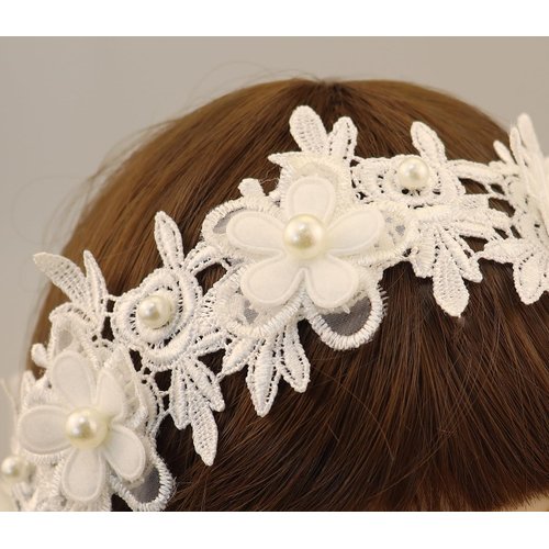 Bethynas Baby Girls Soft Lace Pearl Headband Handmade Flower Lace Bowknot Toddler Hairband Baptism Infant Elastic Headband Birthday Party Hair Accessory for Newborn Baby (Style 2)