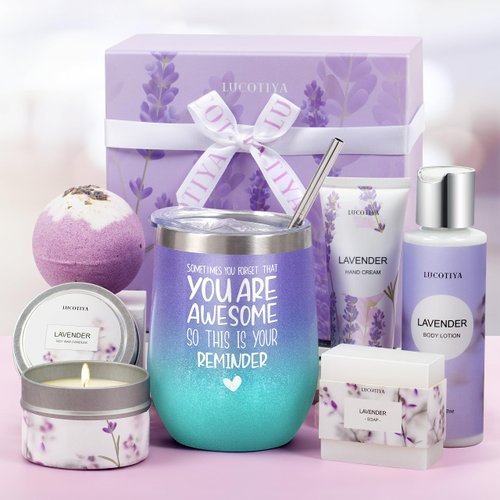 Gifts for Women, Birthday Gifts for Women Spa Gifts Baskets for Women Bubble Bath for Women Lavender Gifts for Mom Her Female Sister Mother Teacher Wine Tumbler Purple Gifts