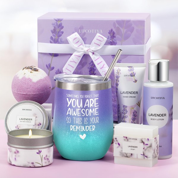 Gifts for Women, Birthday Gifts for Women Spa Gifts Baskets for Women Bubble Bath for Women Lavender Gifts for Mom Her Female Sister Mother Teacher Wine Tumbler Purple Gifts