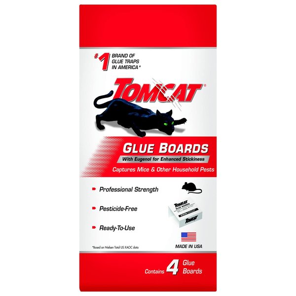 Tomcat Glue Boards with Immediate Grip Glue for Mice, Cockroaches, and Insects, Use Flat or Covered, Ready-To-Use, 4 Traps
