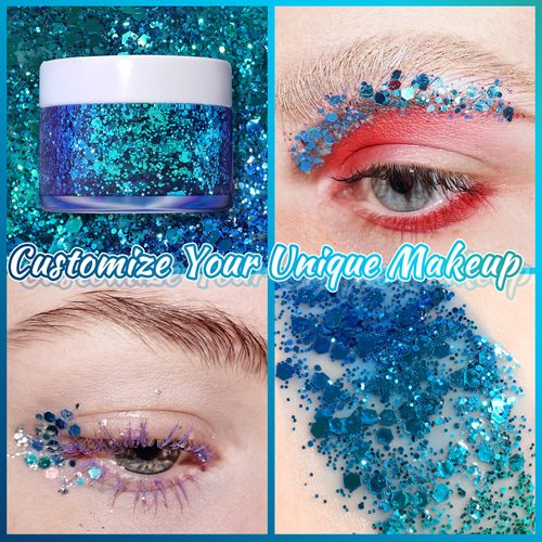 Boko 1.76oz Body Glitter Gel, Chameleon Liquid Chunky Glitter Lotion Mermaid Sequins for Face Hair and Body Makeup, Coachella Clothes, Rave St Patrick's Day Mardi Gras Accessories - Hawaiian Surf