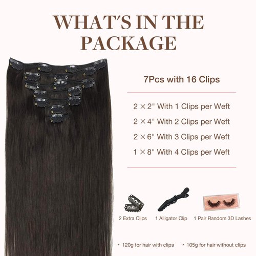 GOO GOO Clip in Hair Extensions Real Human Hair, Remy Human Hair Extensions Clip ins for Women, Natural Human Hair, 18inch 120g 7Pcs, 2 Dark Brown