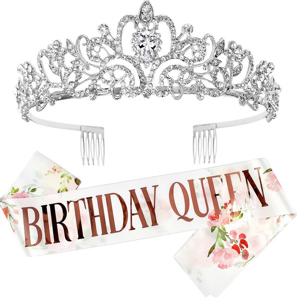Silver Tiara for Women Birthday, Crowns for Women, Happy Birthday Queen Tiara for Women, Birthday Queen Crown for Girls, Tiaras and Crowns for Women with Birthday Girl Sash, Crowns with Rhinestone