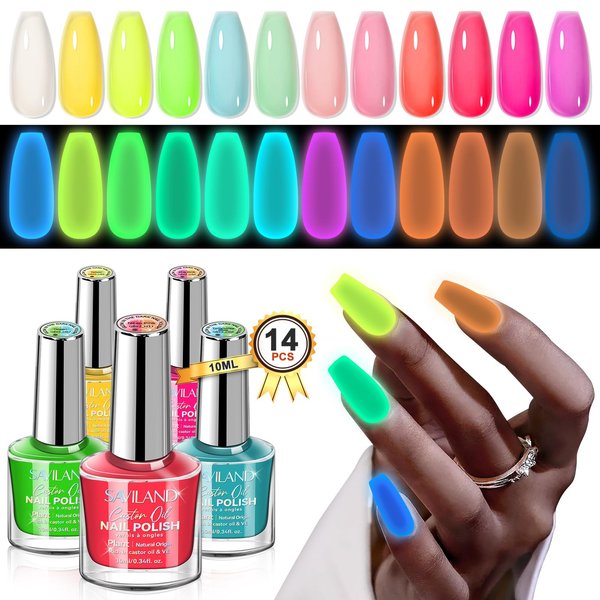 SAVILAND Glows in the Dark Nail Polish Set: 12 Colors Luminous Neon Vegan Nail Polish Kit with Base-Top Coat, Glow Effect Regular Nail Polish Quick Dry for Finger Toe Salon Home DIY Nail Art Beginner