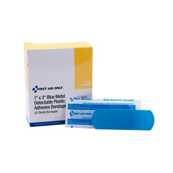 First Aid Only 1-658 Plastic Bandages, Blue Metal Detectable Bandages, 1 x 3 Inch, 50 Count