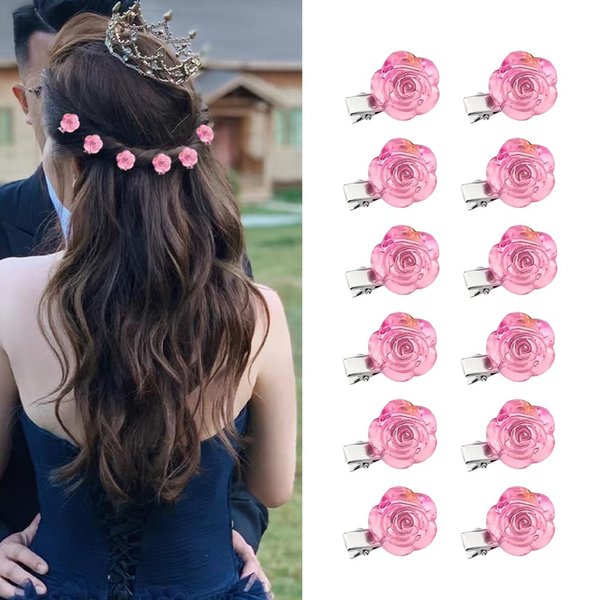 GeRRiT Small Flower Hair Clips for Women 12 Pcs Camellia Flower Mini Hair Barrettes Cute Pink Floral Hairpins Sweet Hair Accessories for Wedding Bridal Shower Valentine’s Day Braid Hair Decoration