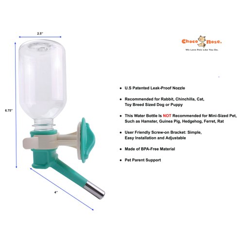 Choco Nose Patented No-Drip Water Bottle/Feeder for Puppies/Toy-Small Breed Dogs/Rabbits/Cats/Chinchillas and Other Small Pets and Animals - for Cages or Crates 10.2 oz. Nozzle 13mm, Aqua (C528)