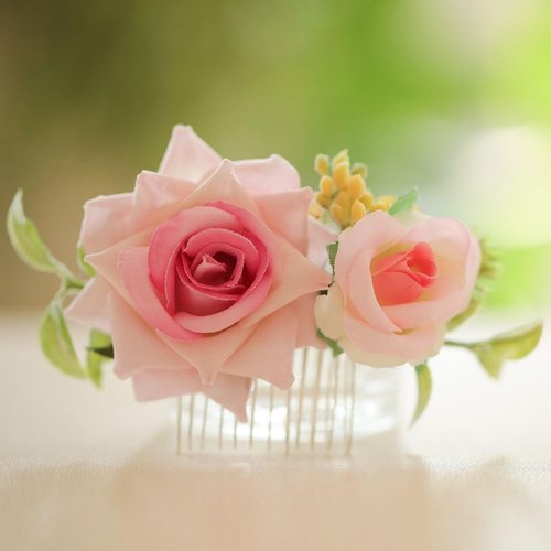 Fangsen Wedding Boho Pink Yellow Rose Flowers Floral Comb With Hair Clip Hair Accessories Floral Hair Headpiece for Brides and Bridesmaids