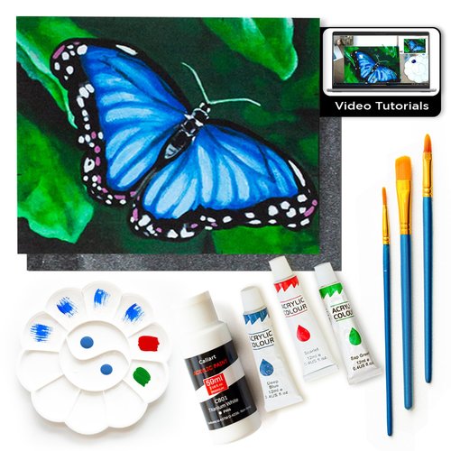 Painting4Real DIY Painting Class Kit for Adults: Learn to Paint This Blue Butterfly with Video Tutorials – How to Paint with Acrylics – Painting & Art Supplies – 9 Piece Acrylic Paint Set