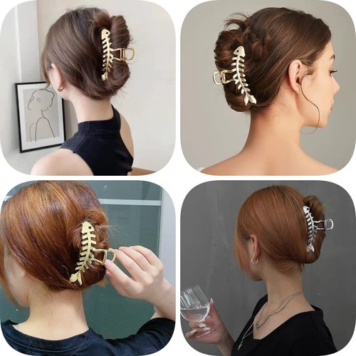 Fish Bone Hair Clips, 3 PCS Metal Hair Claw Clips for Thick Hair Thin Hair Non-slips Strong Hold Fashion French Hair Accessories Lady Women Girl Barrette Mother's Day, Gold, Silver, Black
