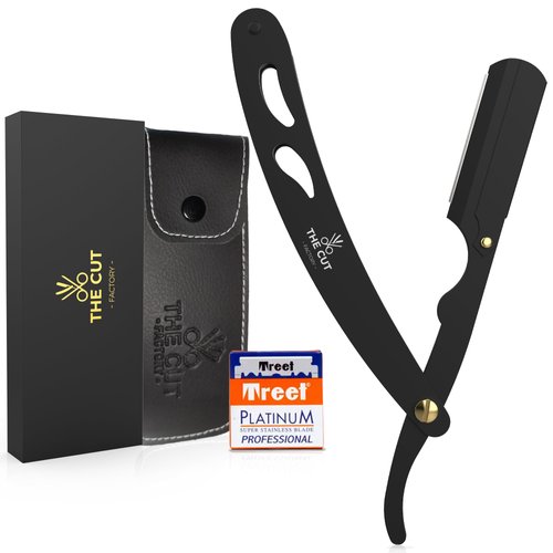 The Cut- Factory- Straight Razor with 100 Pack Platinum Treat Professional Barber Single Blade Edge Razors for Men for Close Shaving 100 Percent Stainless Steel-Black