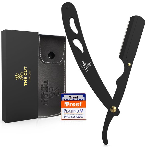 The Cut- Factory- Straight Razor with 100 Pack Platinum Treat Professional Barber Single Blade Edge Razors for Men for Close Shaving 100 Percent Stainless Steel-Black