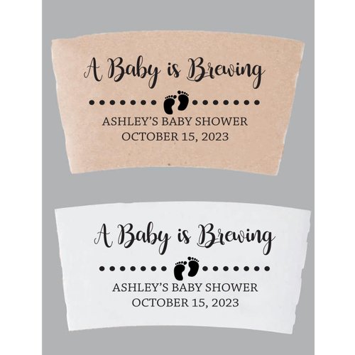 Personalized Baby Shower “A Baby is Brewing” for Coffee or Hot Chocolate Cup Sleeves, Kraft Paper Cup Sleeves, Eco-Friendly Disposable Corrugated Hot Drink Holders for 12-20oz Cups