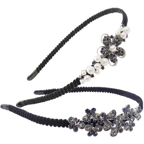 TCOTBE 2 Pack Rhinestone Hair Accessories Crystal Headband Shiny Butterfly Flowers Hair Headbands Vintage Parties Hair Accessory Sparkly Beaded Hair Hoops Jewelry Pearl Headbands for Women