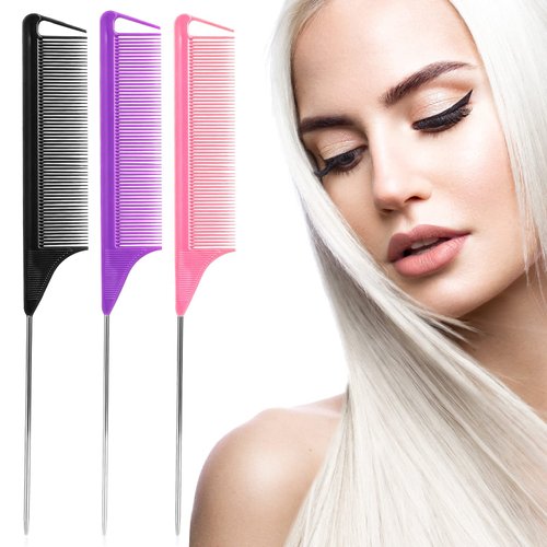 Rat Tail Combs Parting Comb: 3Pcs Rat Tail Comb Set, Long Steel Pin Rat Tail Teasing Comb, Hair Combs for Salon Hair Stylist, Tail Combs Metal,Parting Combs for Women(Purple|Black|Pink)