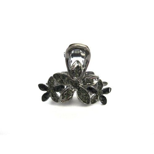 Small mini silver metal gray blue three flower crystal hair claw bridal clip