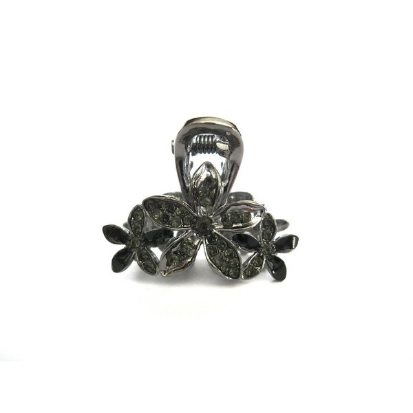 Small mini silver metal gray blue three flower crystal hair claw bridal clip
