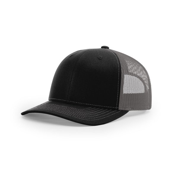 Richardson 112 112P Trucker Mesh Snapback Hat Curved Bill with NoSweat Hat Liner (Adjustable Snapback Split Colorway, Black/Charcoal)