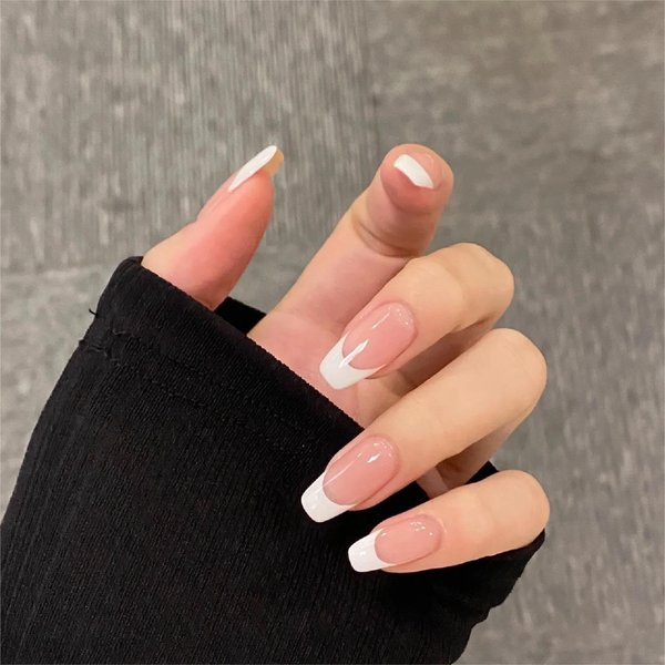 Kugge Medium Press On Nails Coffin, 24PCS Nude White Ombre French Fake Nails Kit with Nail Glue and Adhesive Jelly Glue, Gel Made Reusable Glue On False Nails for DIY Manicure at Home(Medium Coffin French)