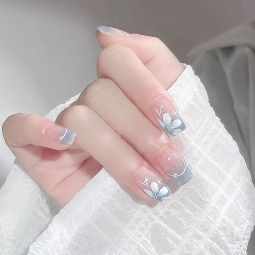 MERVF Short Press on Nails Square Fake Nails Blue French Tip Squoval Glue on Nails with Flower Design 24pcs Glossy Ombre Artificial Acrylic Nails for Women