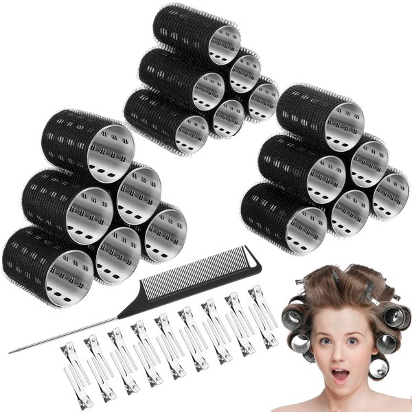 37 Pcs Aluminum Thermal Hair Rollers Set 3 Sizes Self Grip Hair Rollers 18 Pcs Duckbill Hair Clips, Comb Hairdressing Styling Tool, Random Color for Women, Men (Black, 0.98'', 1.42'', 1.8'')