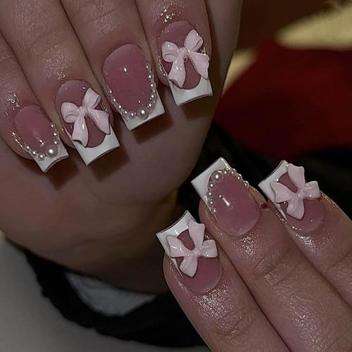 White French Tip Press on Nails Short Square Pink Gradient with 3D Butterfly Pearl Decoration False Nails Cute Fake Nails Glue on Nails Full Cover French Manicure Stick on Nails for Women Girl 24Pcs