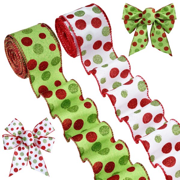 2 Rolls 20 Yards Christmas Green Red Dot Ribbons Glitter Dot Christmas Ribbon Wired Polka Dot Ribbon Xmas Decorative Burlap Decorative Ribbons for DIY Craft Bows (2.5 Inch)