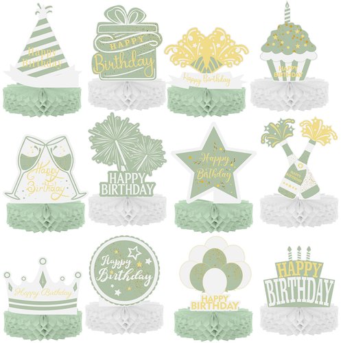 Sabary 12 Pcs Sage Green Gold Happy Birthday Decoration Gold Honeycomb Centerpieces Party Supplies Balloon Crown Paper Centerpiece Table Decorations Royal Table Centerpieces for Men Women Party