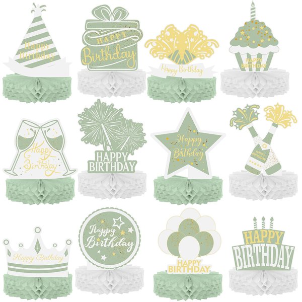 Sabary 12 Pcs Sage Green Gold Happy Birthday Decoration Gold Honeycomb Centerpieces Party Supplies Balloon Crown Paper Centerpiece Table Decorations Royal Table Centerpieces for Men Women Party