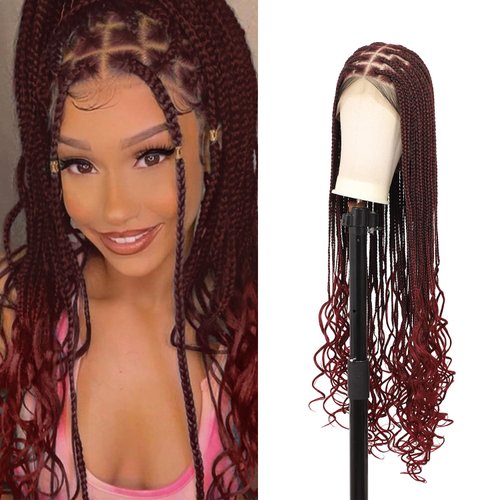Olymei 360° HD Full Lace Braided Wigs Box Braid Wig for Women Knotless Braided Wigs with Wavy Curly End Braided Lace Front Wigs with Baby Hair Human Hair Blended Braid Wigs 36 Inch Burgundy