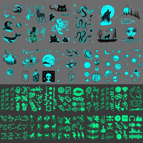 Glaryyears Glow in the Dark Tattoos, 180+ Variety Pack Fake Tattoos, 33-Pack Body Temporary Tattoo Stickers, Blue Green Light for Adults Men Women Kids, Party Favors Supplies Planets Ocean Galaxy