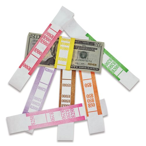 PM Company 55026 Color-Coded Kraft Currency Straps, Dollar Bill, 50, Self-Adhesive, 1000/Pack