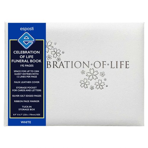 Celebration of Life Funeral Guest Book | 192 Inner Pages | 2304 Lines for Message Entries | White Faux Leather Cover | Silver Gilt Edged Pages | Presentation Box for Storage | Size: 8.9 x 6.7 Inch