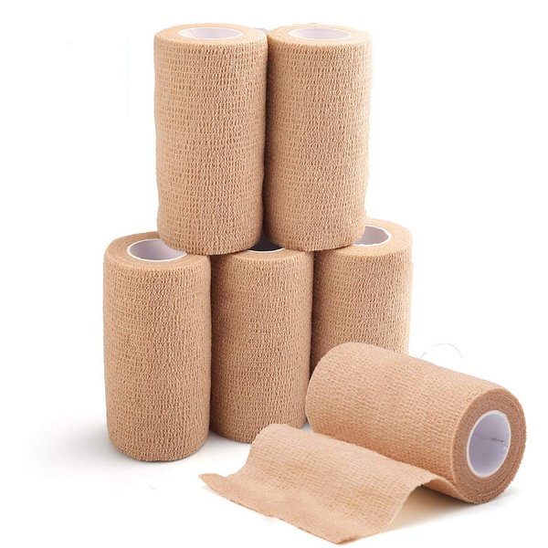 LotFancy Self Adhesive Bandage Wrap, 6 Pack, 4 in x 5 Yards, Non Woven Elbow Cohesive Bandage, First Aid Medical Tape for Ankle, Knee & Wrist Sprains, Tan Color