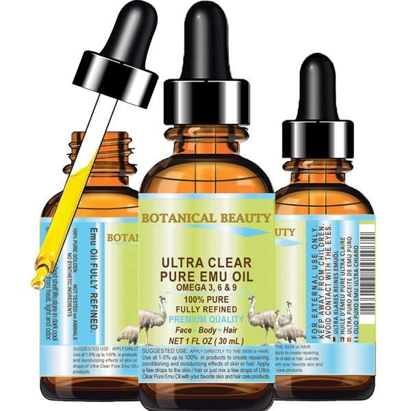 PURE EMU OIL 100% Natural RAW VIRGIN UNREFINED for FACE, BODY, HANDS, FEET, NAILS, HAIR and LIP CARE 1 Fl. oz. - 30 ml by Botanical Beauty