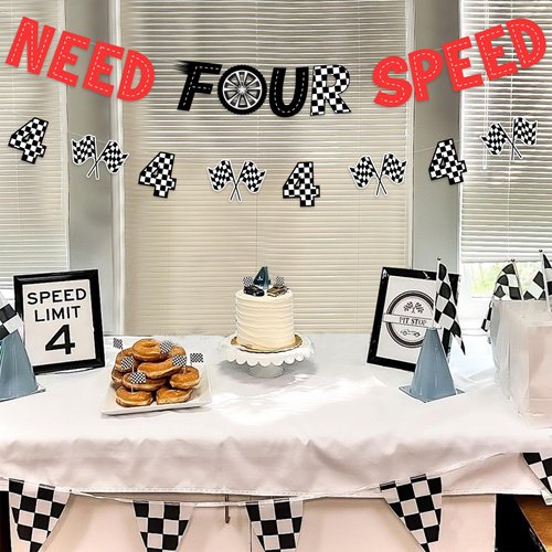 Sursurprise Need Four Speed Birthday Decorations, Need Four Speed Banner Checkered Flag Banner Kit, Race Car Theme 4th Birthday Party Supplies for Boys