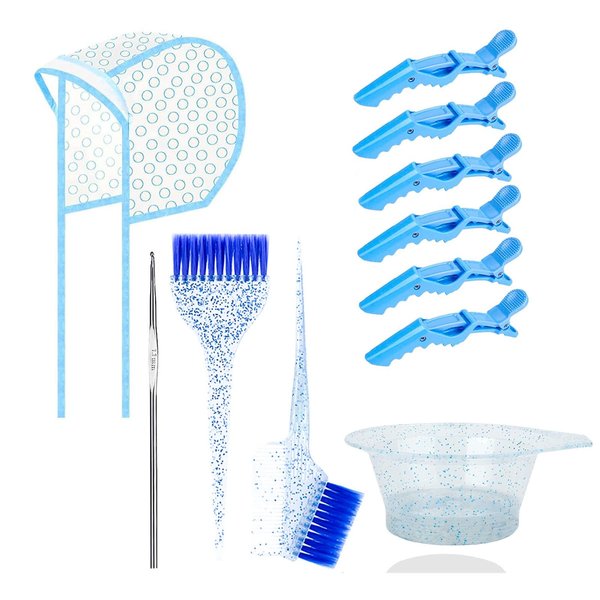 11PCS Hair Dye Coloring Kit, Professional Hair Coloring Dyeing Kit, Hair Coloring Highlight Cap Brush and Bowl Set, Mixing Bowl, Hair Dyeing Cap, Hair Needles, Dye Color Brush, Hair Clips (Blue)