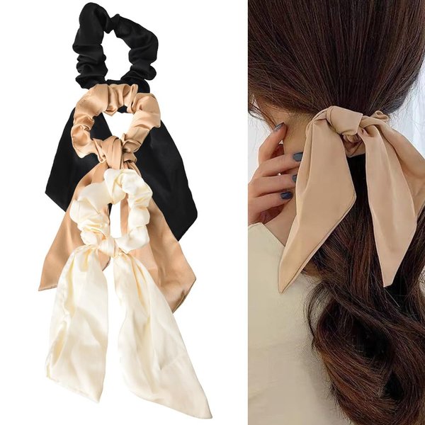 Hair Scarf Scrunchies for Women Silky Satin Black White Bow Hair Ties with Ribbon Tails Elastic Hair Rope Ponytail Holder Beige Hair Scrunchy for Thick Thin Hair Accessories for Women Girls 3PCS