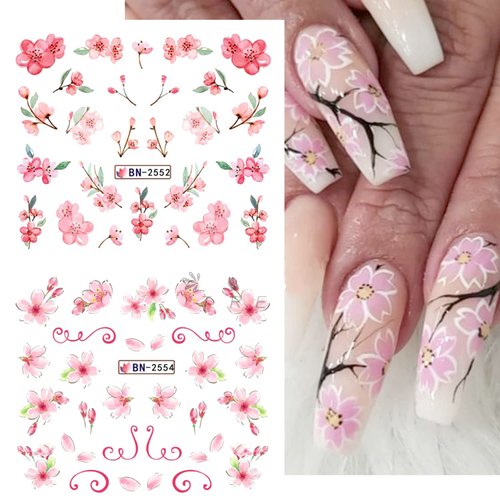 Pink Flower Nail Art Sticker Sakura Water Transfer Nail Stcikers Decal Nail Art Decoration Supplies Cherry Blossom Leaf Flotal Nail Design for Women Girls Manicure Decor (Cherry Blossom)